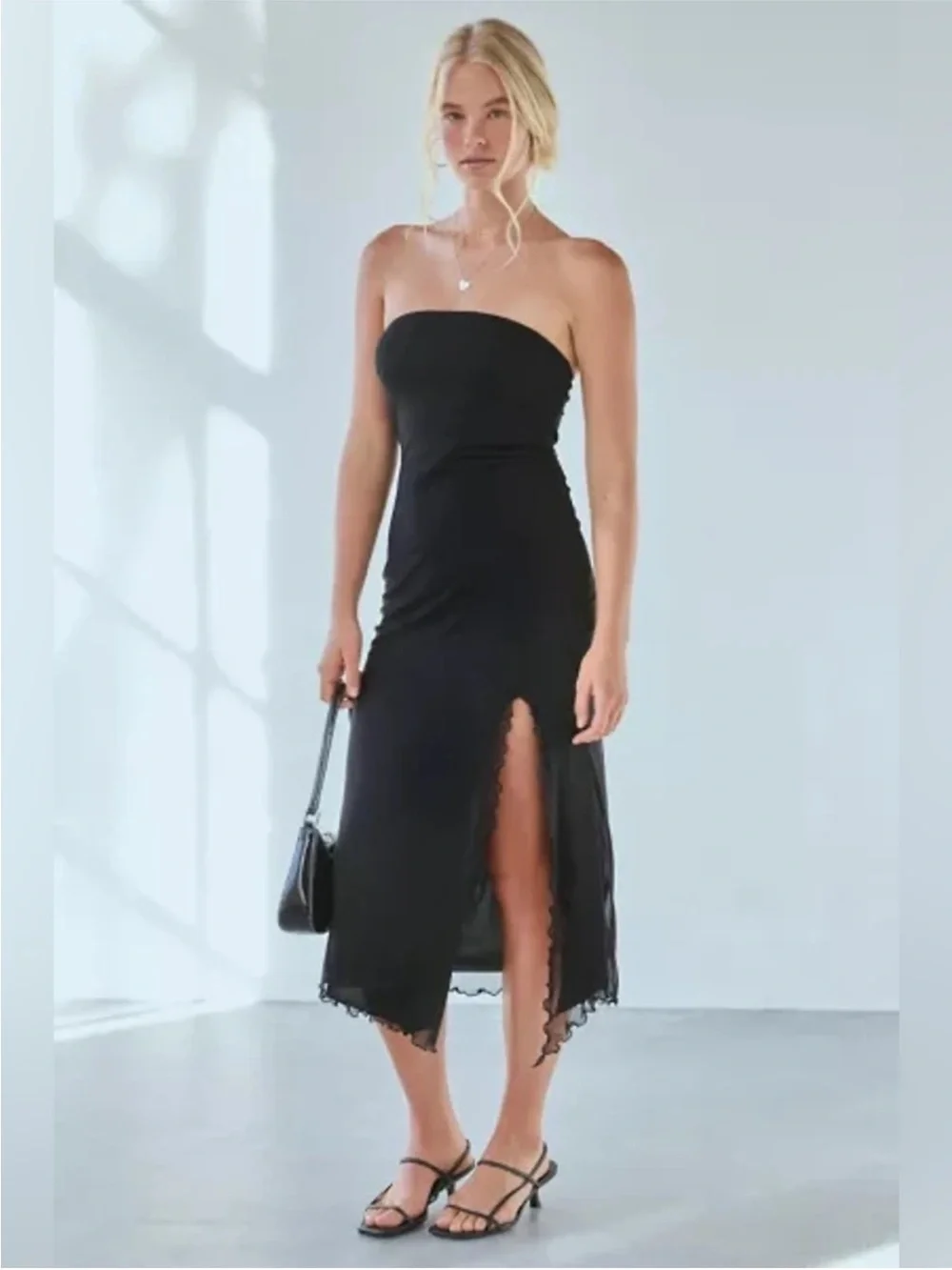 Urban Outfitters Black Strapless Midi Dress with Scalloped Slit Medium - Picture 1 of 4